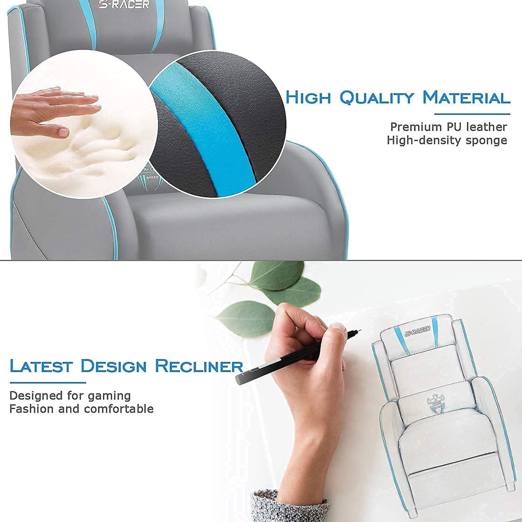 Massage Gaming Recliner Chair, Racing Style Gaming Sofa, PU Leather Home Theater Seating, Modern Living Room Recliners Ergonomic Comfortable Gamer Lounge (Blue)