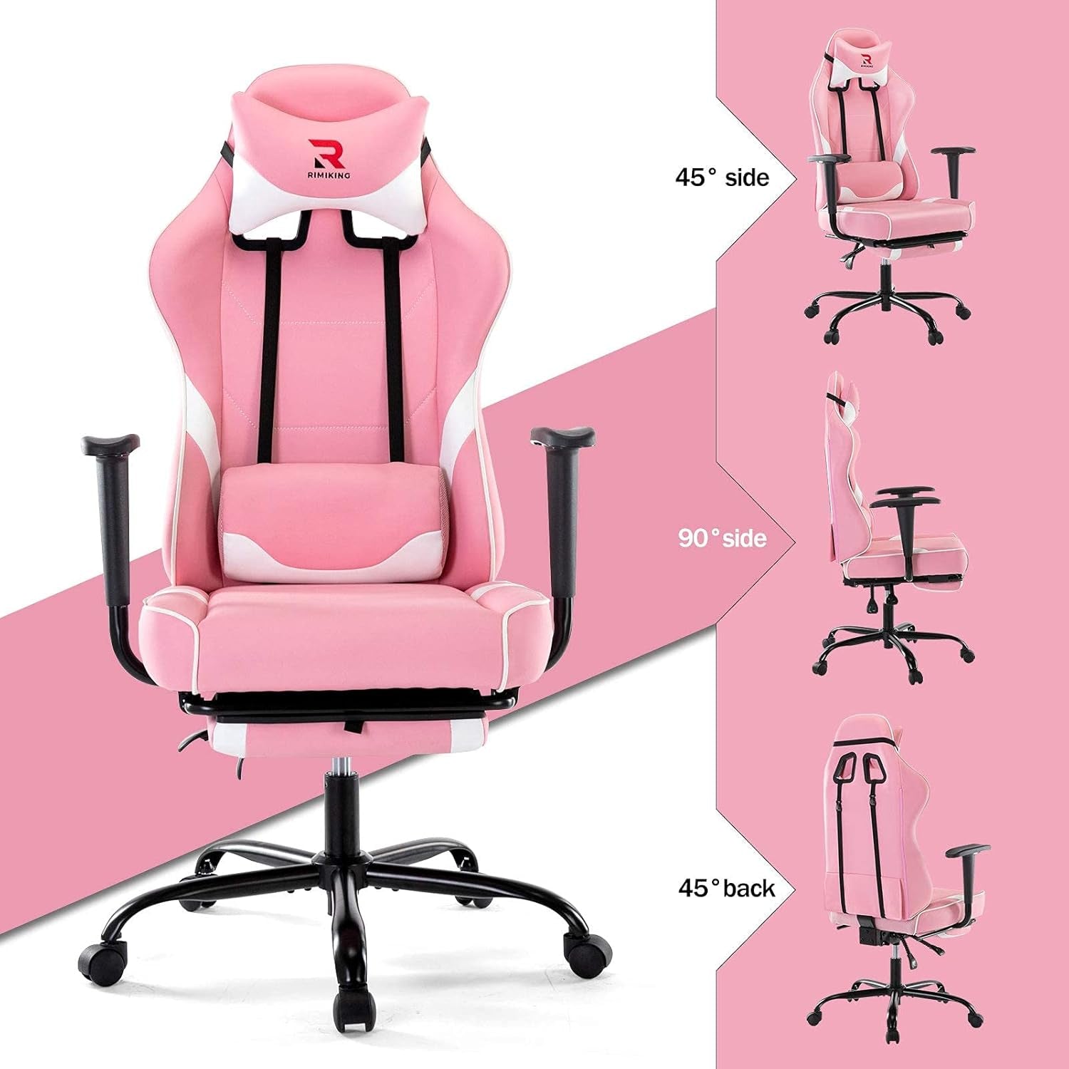 Massage Gaming Chair with Footrest Ergonomic Swivel Computer Chair with Adjustable Headrest and Lumbar Support, High Back Desk Chair Black 3609 (Pink)