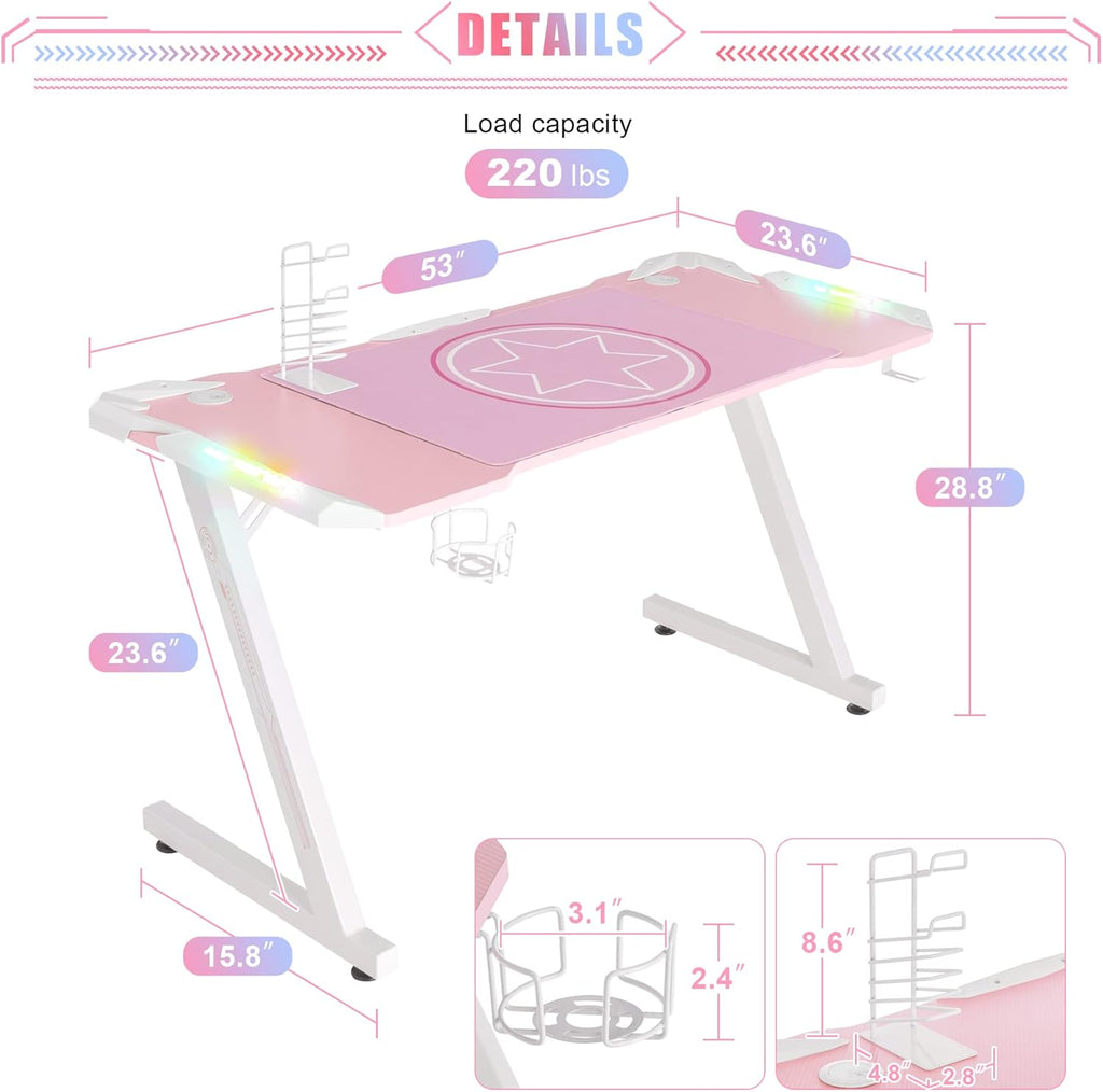 53 Inch Pink Gaming Desk, Gaming Computer Desk with RGB LED Light, Large Z Shape Racing Table with Split Joint Desktop Mouse Pad Headphone Hook & Cup Holder for Home Office Bedroom