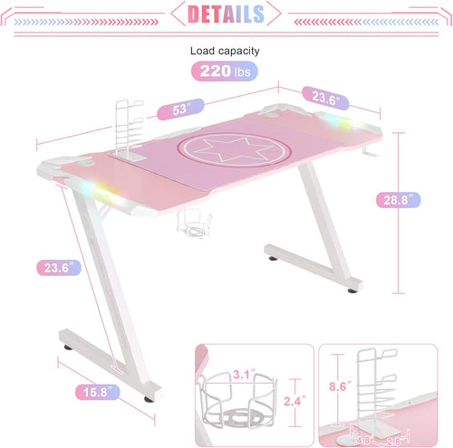53 Inch Pink Gaming Desk, Gaming Computer Desk with RGB LED Light, Large Z Shape Racing Table with Split Joint Desktop Mouse Pad Headphone Hook & Cup Holder for Home Office Bedroom
