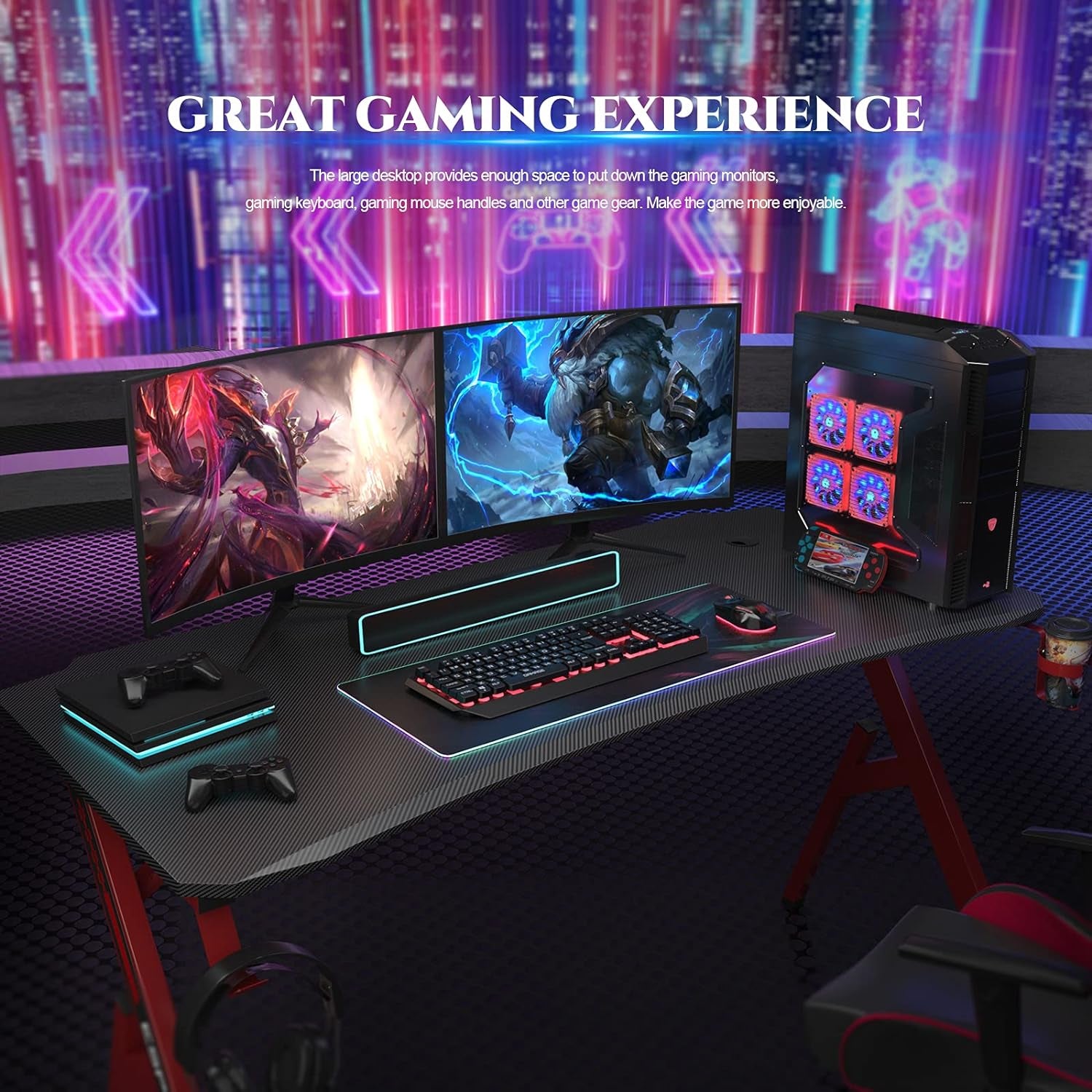 Gaming Desk 55 Inch PC Computer Desk, Home Office Desk Workstation, Professional Gaming Desk Table with Cup Holder & Headphone Hook