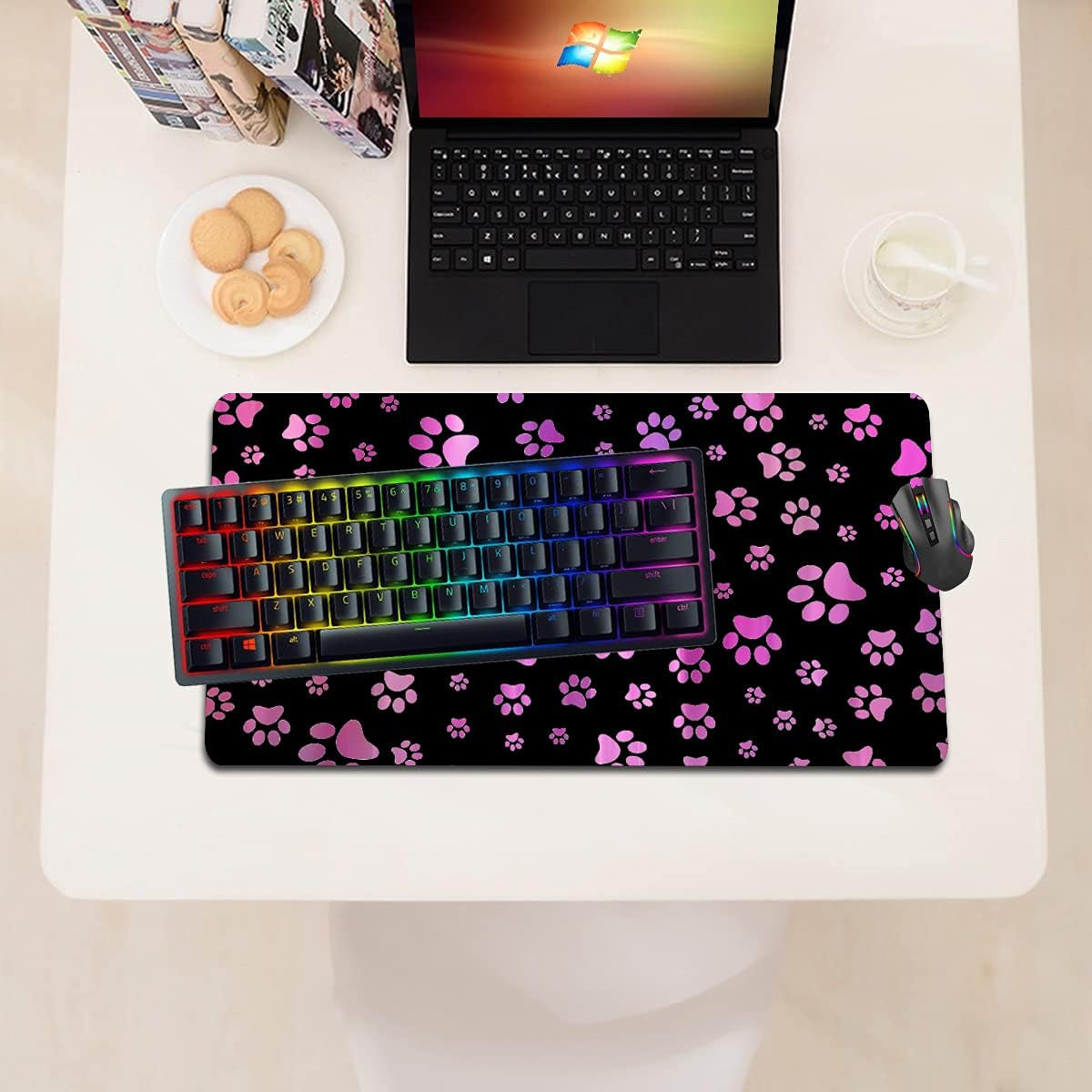 Large Mouse Pad Gaming Mouse Pad No Slip Rubber Extended Mousepad 23.6 X13.8 Inch Waterproof Mouse Mat Cute Purple and Black Dog Paw Print