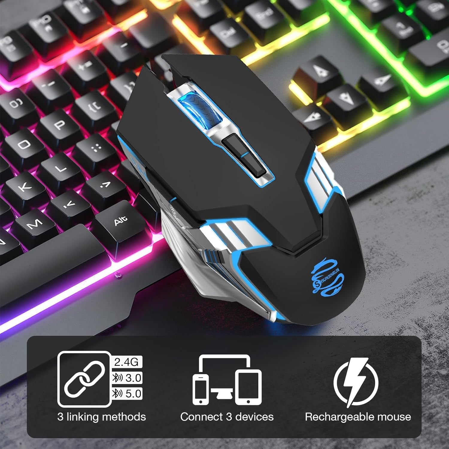 Bluetooth Mouse Wireless, Rechargeable, Multi-Device(2.4G/Bt5.0/Bt3.0), 7 Buttons, Silent Click, Ergonomic, 7-Color Backlit, LED Light up Mice for Laptop, Computer, Mac, PC, Chromebook - Black