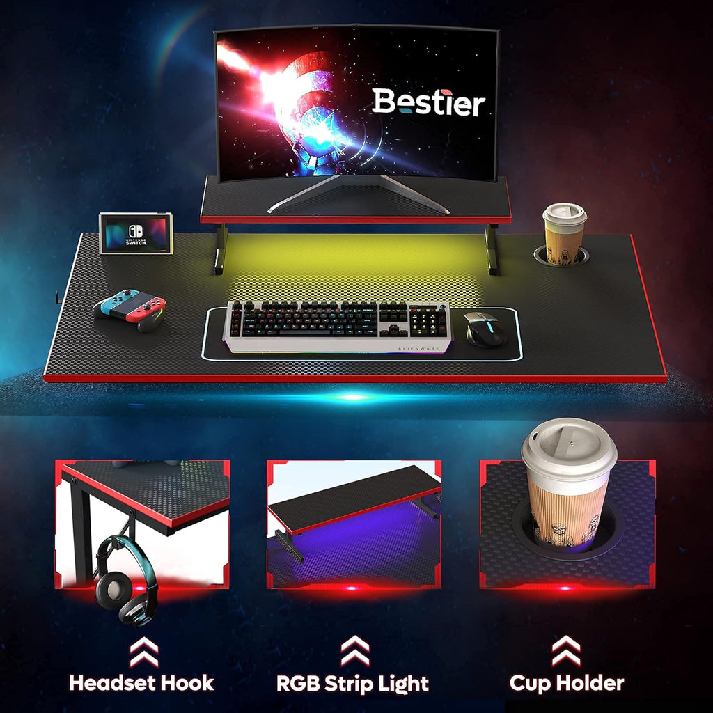 Gaming Desk with LED Lights 44" Small Computer Desk for Home Office Table with Cup Holder and 2 Headphone Hooks, Black