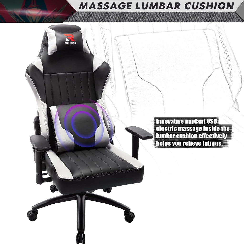 Massage Gaming Chair Big and Tall 350Lbs Ergonomic Wide Seat Video Game Chair High Back PC Computer Office Chair E-Sport Racing Style Rolling Chair Heavy Duty Headrest and Lumbar Support-White