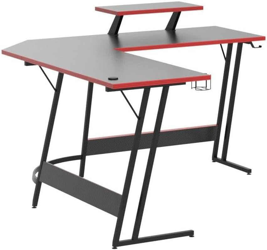 L Shaped Gaming Desk 51 Inch Computer Table, Carbon Fiber Surface Desktop, Monitor Stand with LED Strip, Cup Holder & Headphone Hook, 50.5 Inch, Black