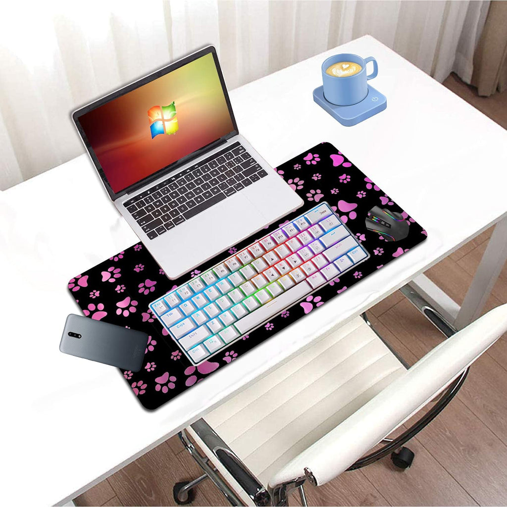 Large Mouse Pad Gaming Mouse Pad No Slip Rubber Extended Mousepad 23.6 X13.8 Inch Waterproof Mouse Mat Cute Purple and Black Dog Paw Print