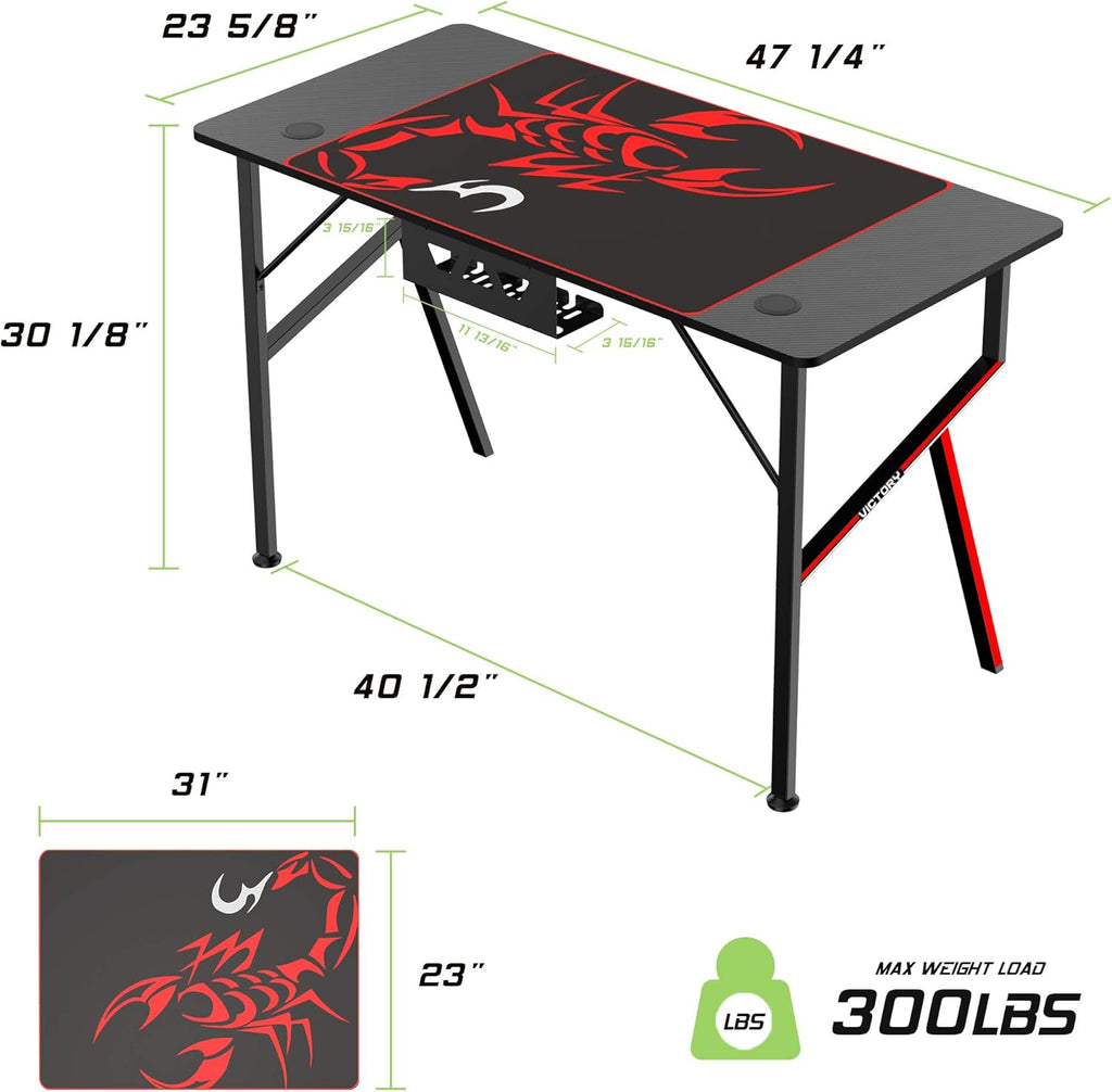 EE  Gaming Desk Office Desk Computer Desk Home Table 47 Inch Desk with Mouse Pad Headset Hook Cup Holder Controller Stand, Black