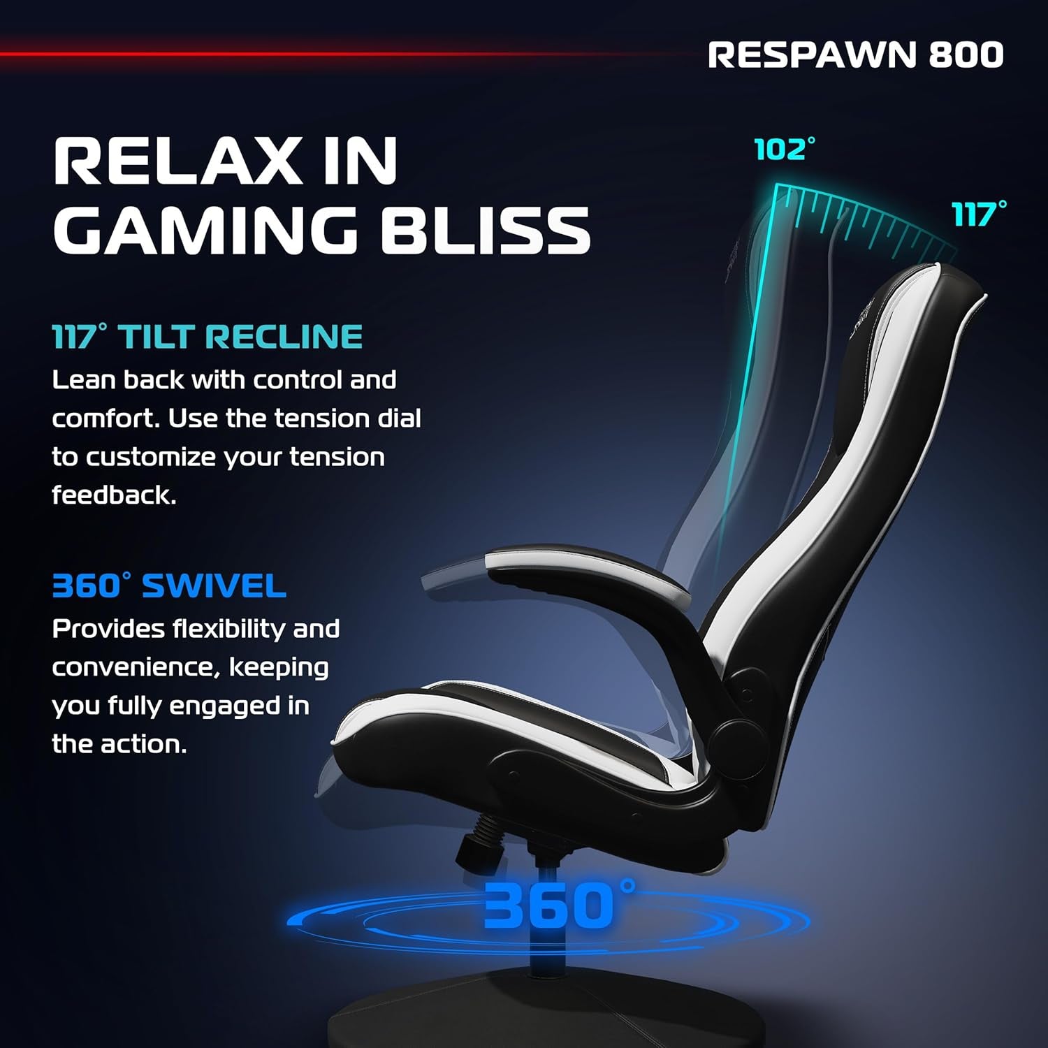 800 Swivel Rocker Gaming Chair - Ergonomic Floor Gaming Seat with Lumbar Support, Flip up Armrest, High Back, Pedestal Base, Comfortable No Wheels Console Video Game Rocker Chair - White