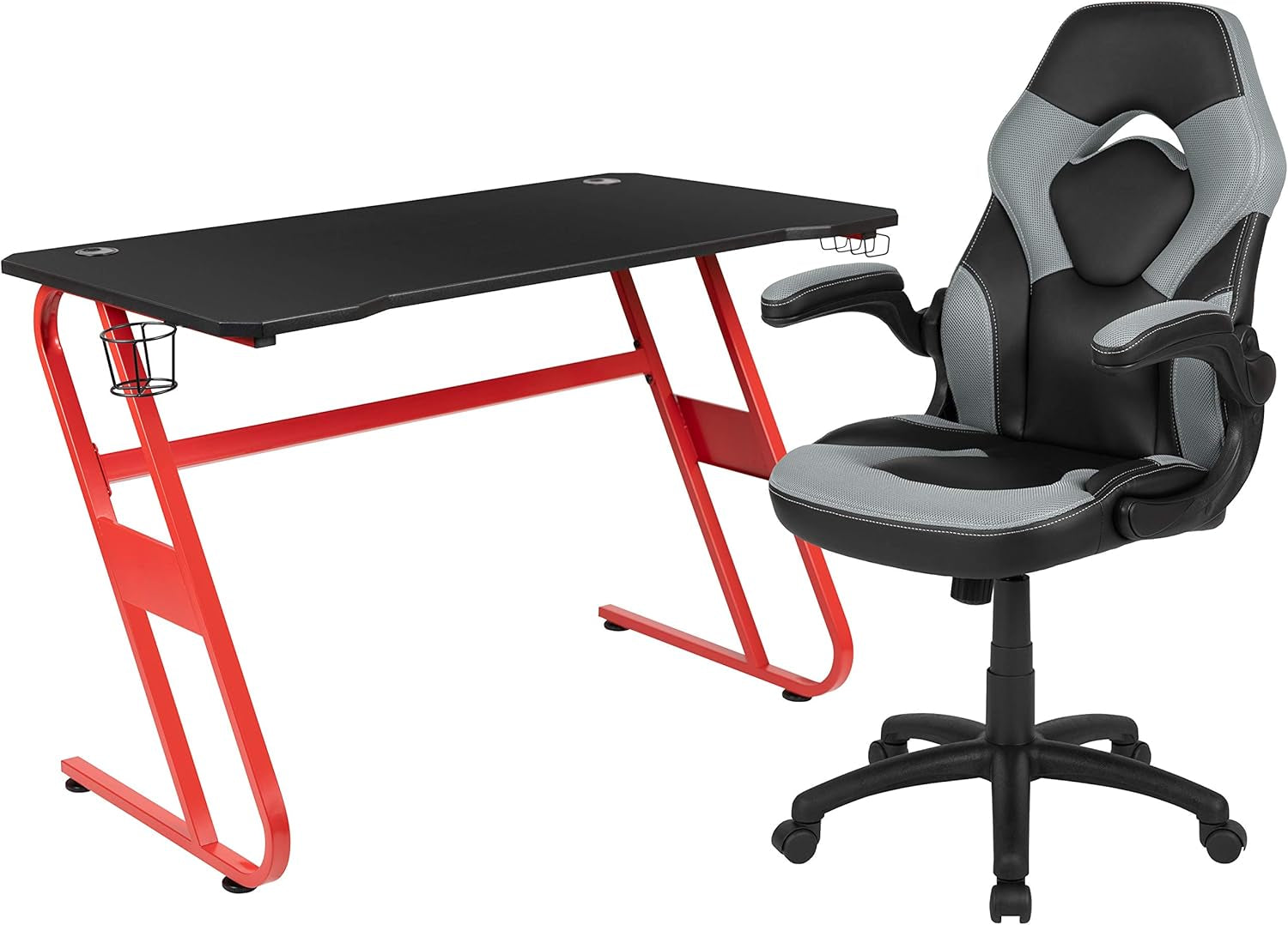 Gaming Bundle-Red Desk, Cup Holder, Headphone Hook and Gray Chair