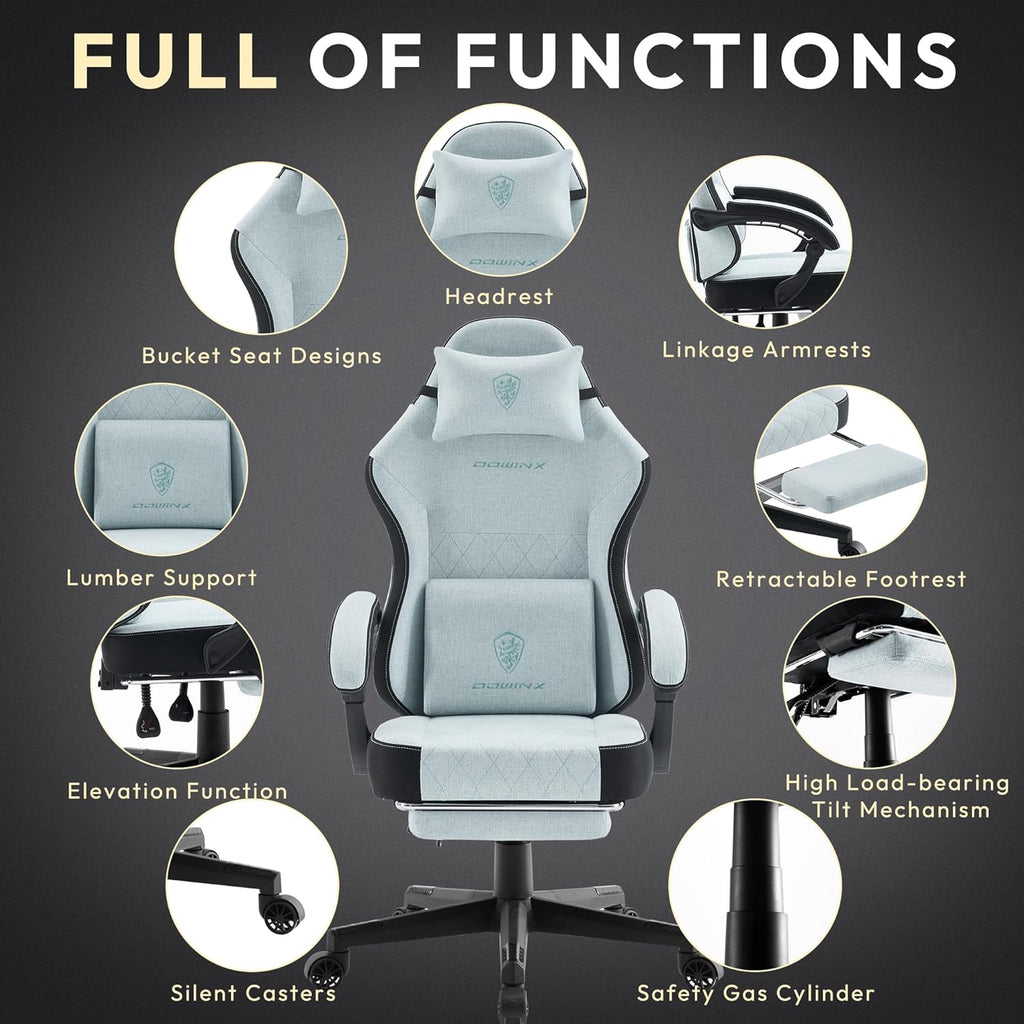 Gaming Chair, Breathable Fabric Computer Chair with Pocket Spring Cushion, Ergonomic Massage Gamer Chair with Lumbar Support and Footrest, Height Adjustable Office Game Chairs for Adults, Aqua