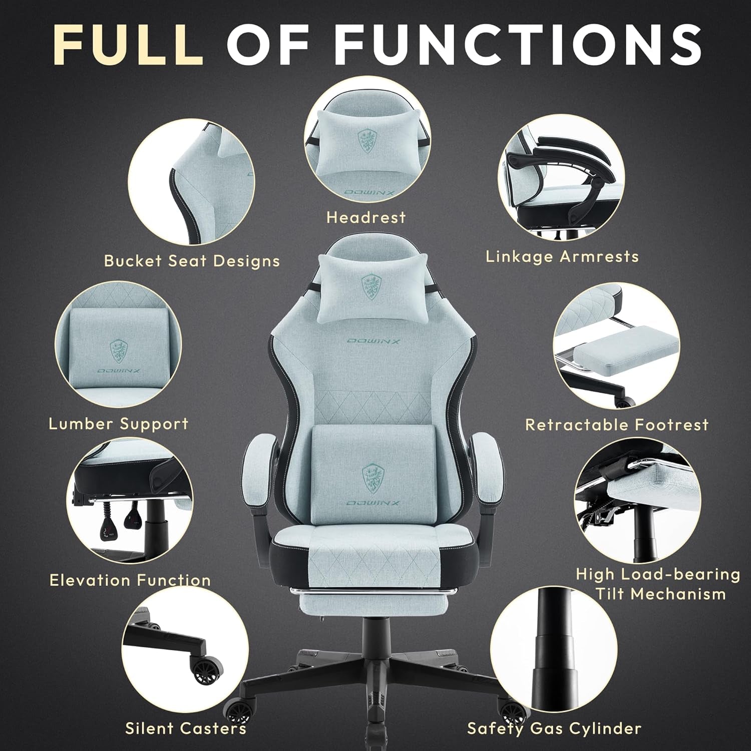 Gaming Chair, Breathable Fabric Computer Chair with Pocket Spring Cushion, Ergonomic Massage Gamer Chair with Lumbar Support and Footrest, Height Adjustable Office Game Chairs for Adults, Aqua
