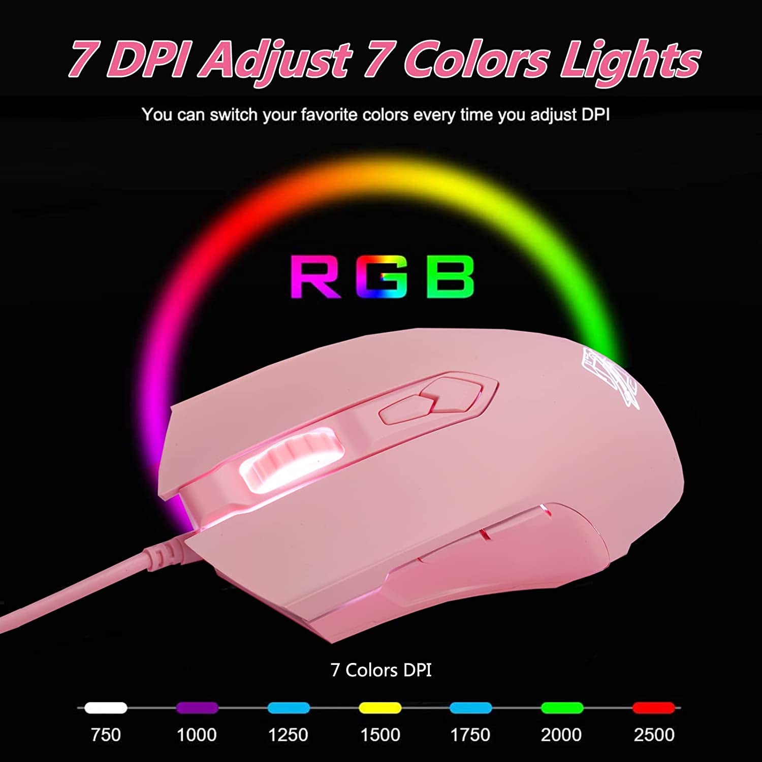 AJ52 RGB Wired Gaming Mouse, 7 Programmable Buttons, Computer Mice with RGB Lighting, 200-4800 DPI Adjustable, for Pc/Laptop (Pink)