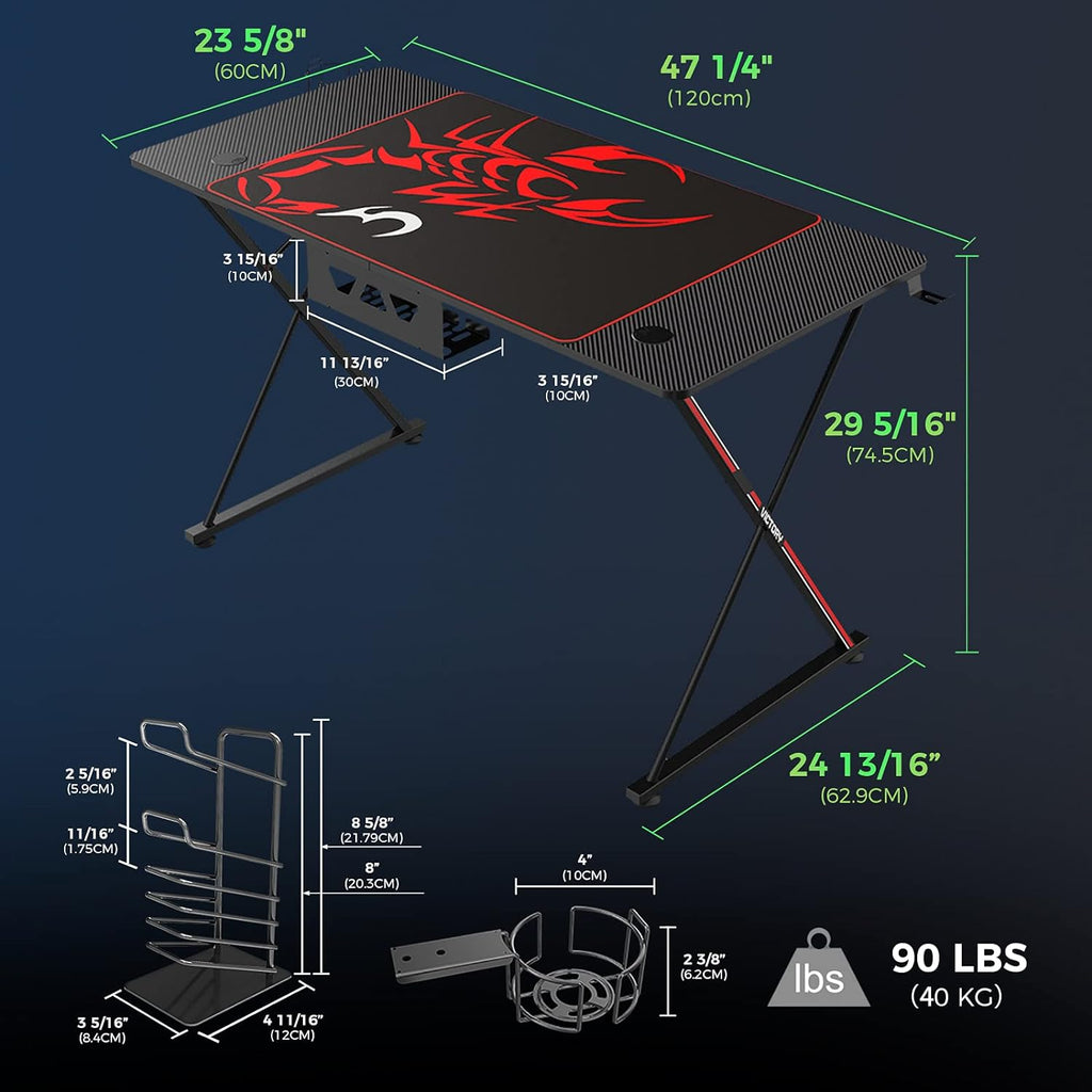 Gaming Desk 47 Inch PC Computer Desk Home Office Student Desk X-Shaped with Mouse Pad Cup Holder Headphone Hook Handle Rack,Black