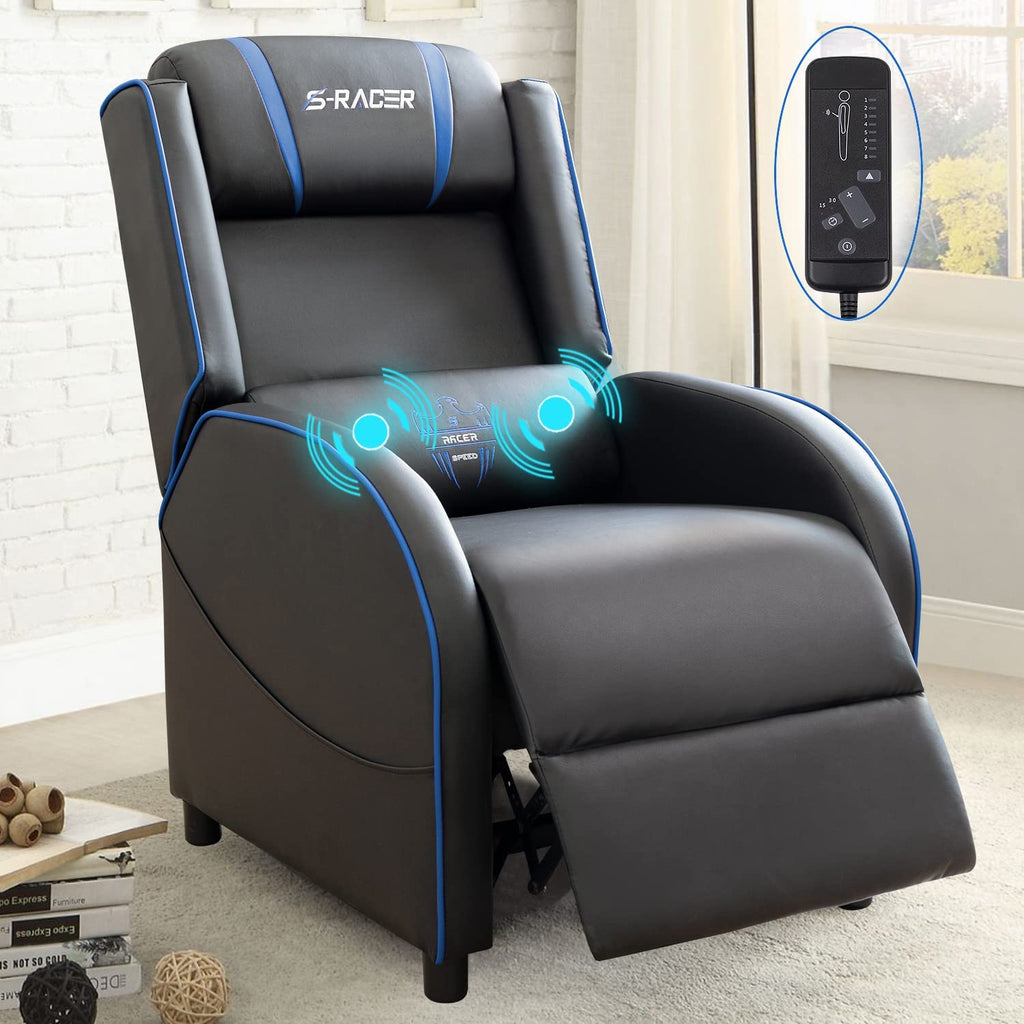 Massage Gaming Recliner Chair, Racing Style Gaming Sofa, PU Leather Home Theater Seating, Modern Living Room Recliners Ergonomic Comfortable Gamer Lounge (Blue)