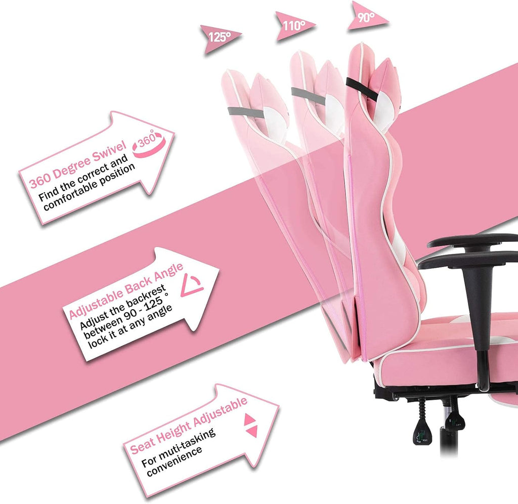 Massage Gaming Chair with Footrest Ergonomic Swivel Computer Chair with Adjustable Headrest and Lumbar Support, High Back Desk Chair Black 3609 (Pink)