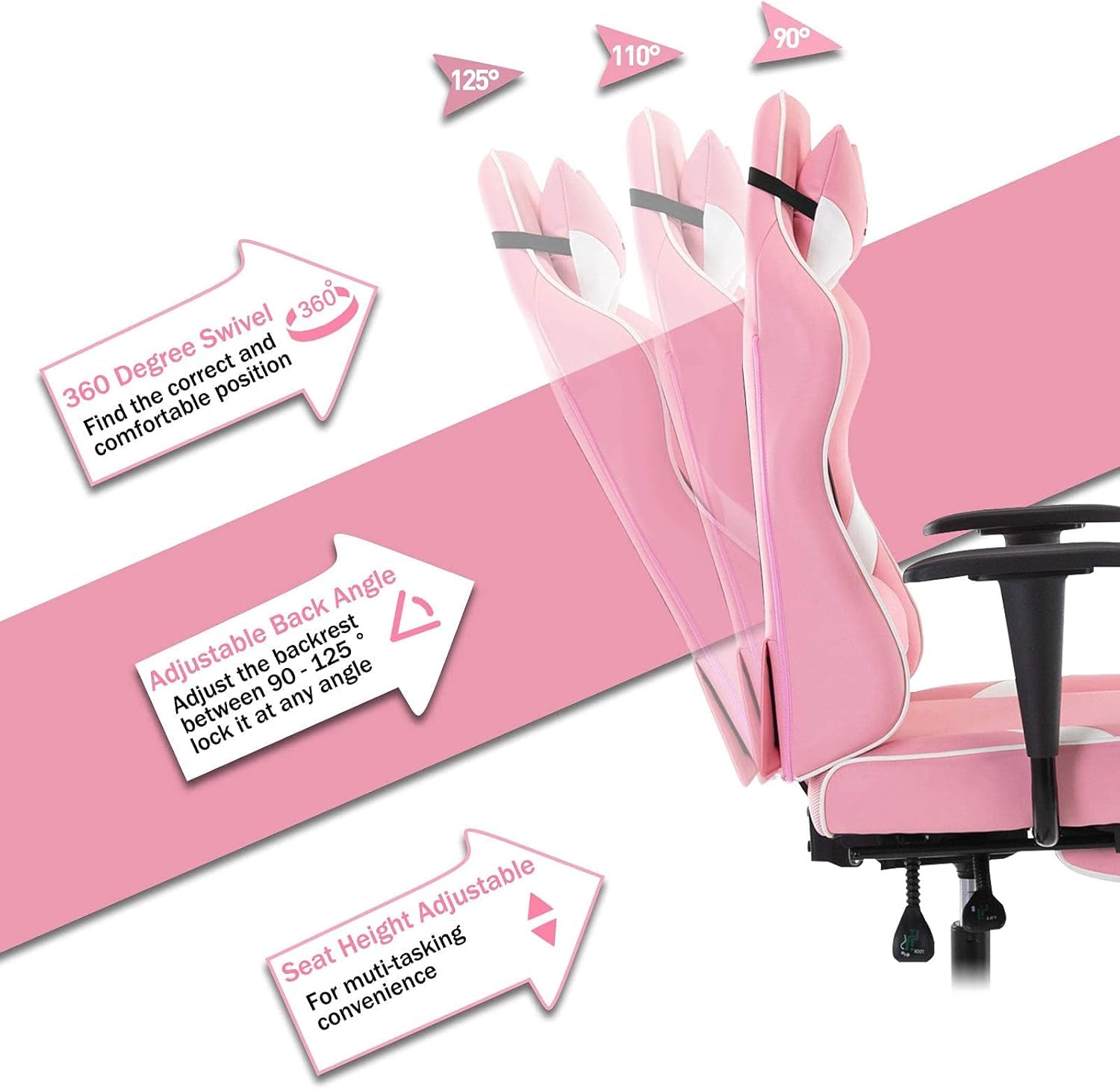 Massage Gaming Chair with Footrest Ergonomic Swivel Computer Chair with Adjustable Headrest and Lumbar Support, High Back Desk Chair Black 3609 (Pink)