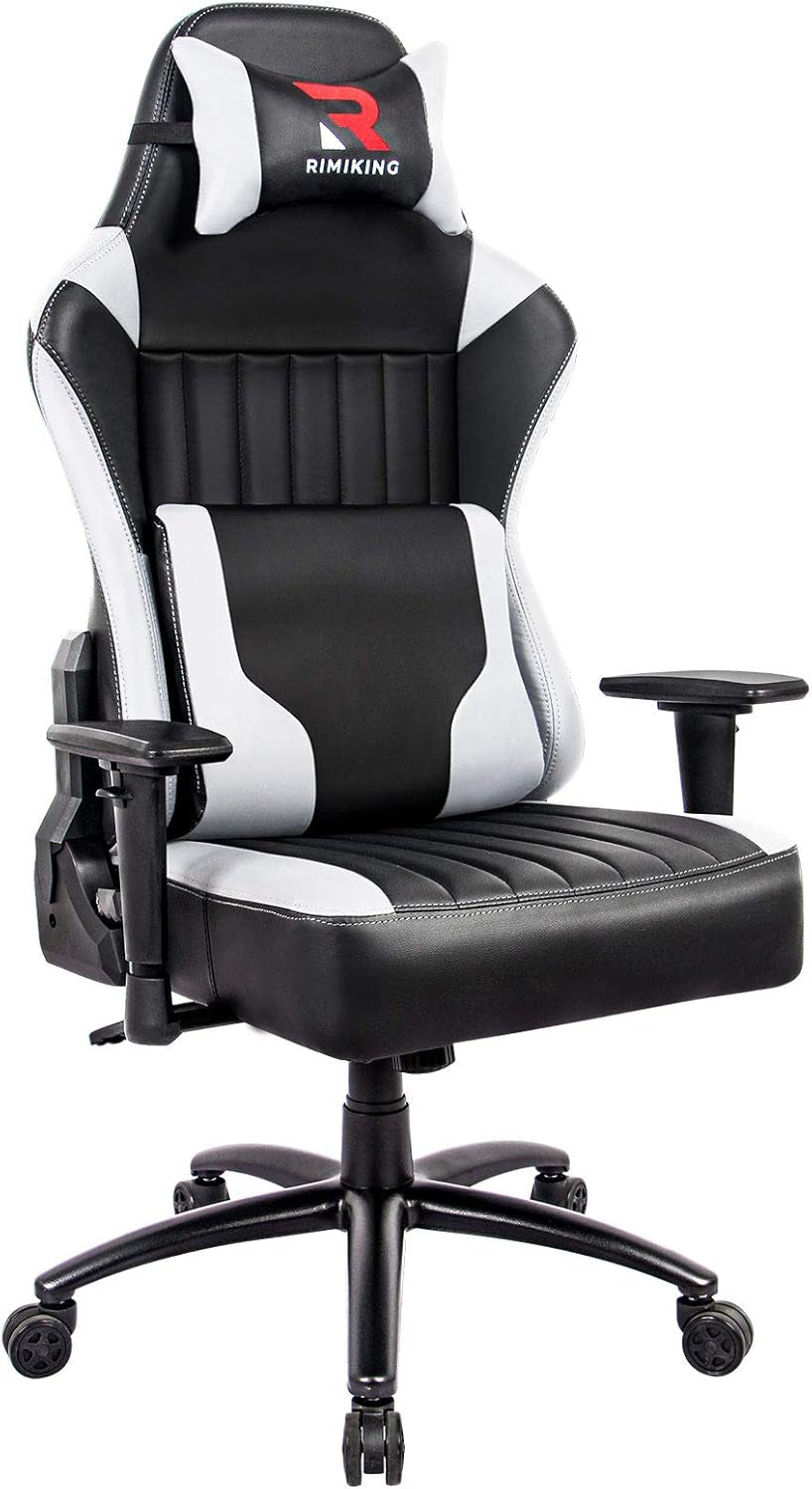 Massage Gaming Chair Big and Tall 350Lbs Ergonomic Wide Seat Video Game Chair High Back PC Computer Office Chair E-Sport Racing Style Rolling Chair Heavy Duty Headrest and Lumbar Support-White