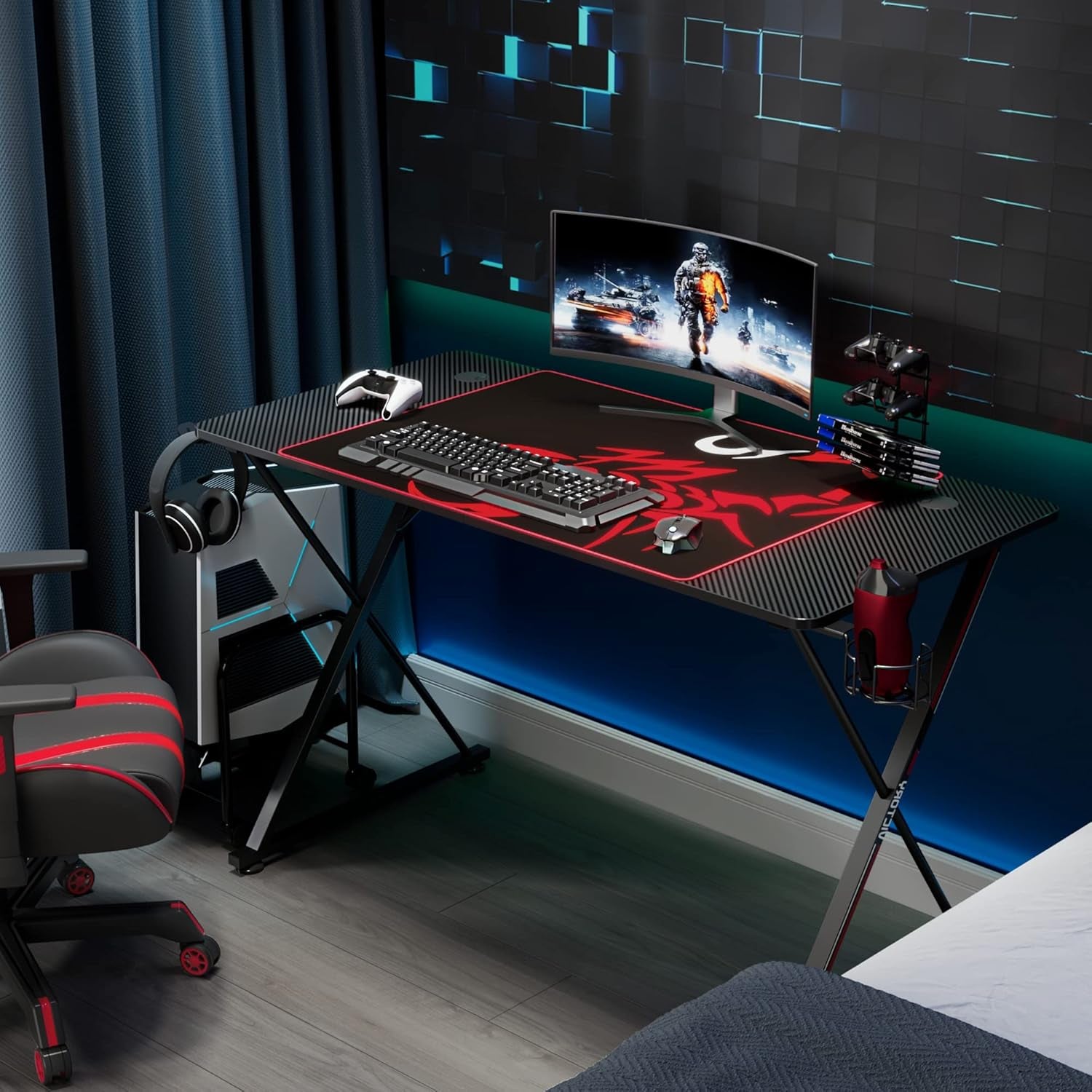 EE  Gaming Desk, 47 Inch Gamer Workstation, Carbon Fiber Surface Gaming Computer Desk with Large Mouse Pad, Controller Race, Headphone Hook, Cup Holder, Socket Holder,Black