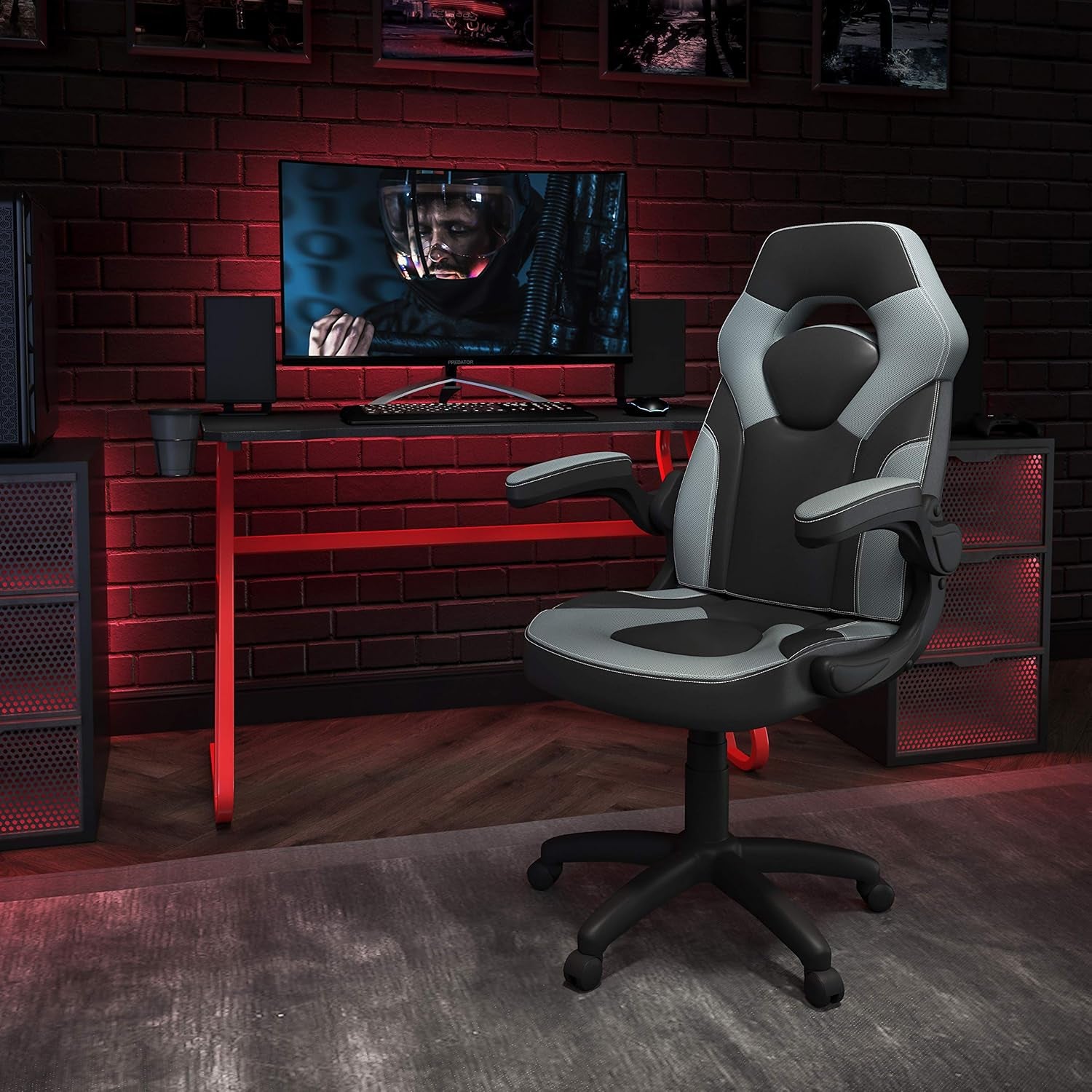 Gaming Bundle-Red Desk, Cup Holder, Headphone Hook and Gray Chair