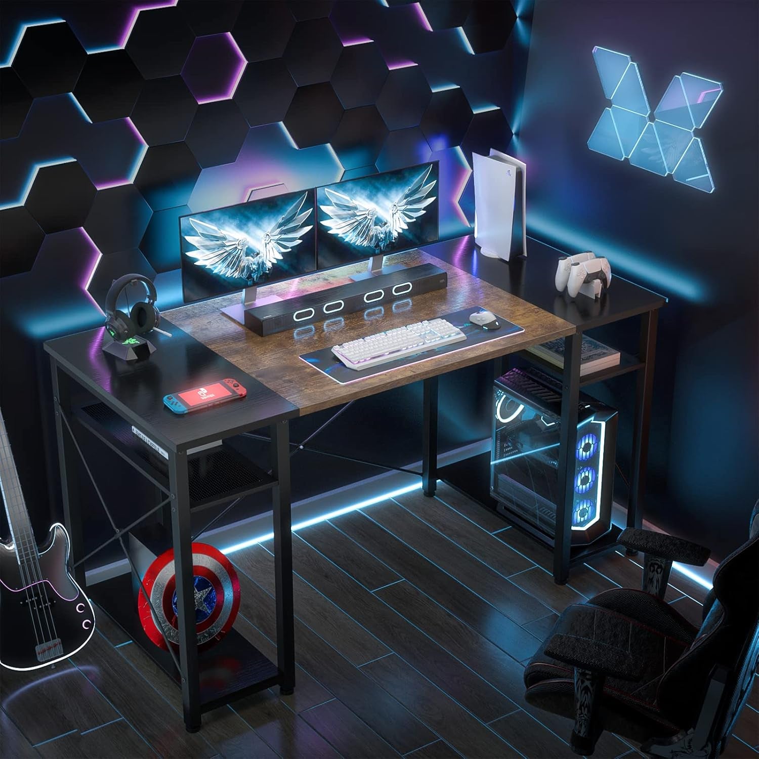 47.2 Inch Computer Desk, Large Office Desk with 4 Storage Shelves, 47.2'' Study Writing Table with CPU Stand, Sturdy PC Desk for Home Office, Bedroom, Gaming Room, Rustic and Black