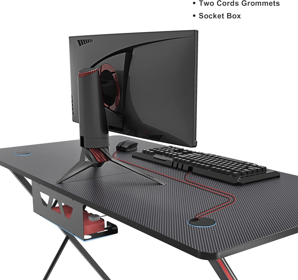 EE  Gaming Desk, 47 Inch Gamer Workstation, Carbon Fiber Surface Gaming Computer Desk with Large Mouse Pad, Controller Race, Headphone Hook, Cup Holder, Socket Holder,Black