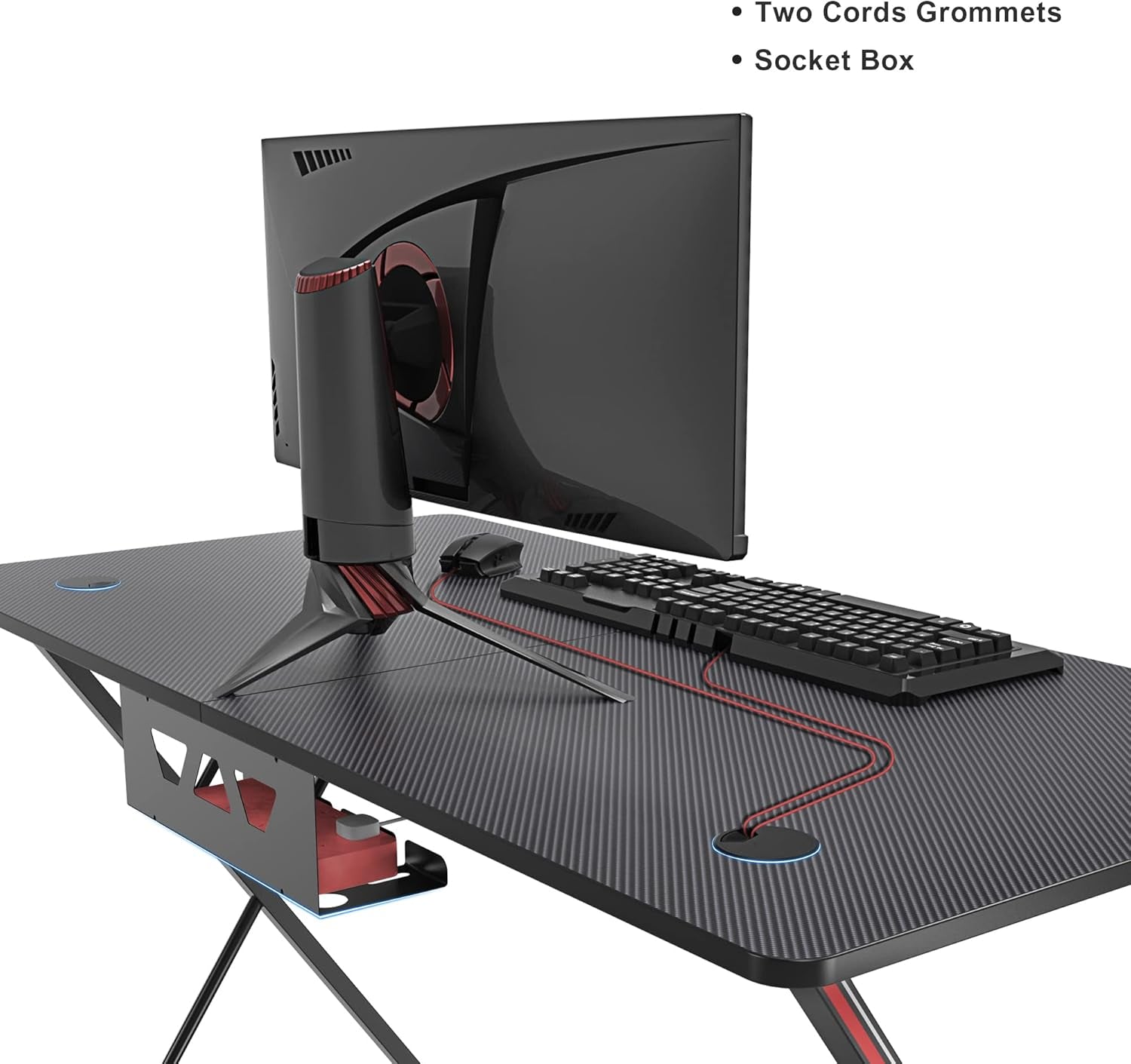 EE  Gaming Desk, 47 Inch Gamer Workstation, Carbon Fiber Surface Gaming Computer Desk with Large Mouse Pad, Controller Race, Headphone Hook, Cup Holder, Socket Holder,Black