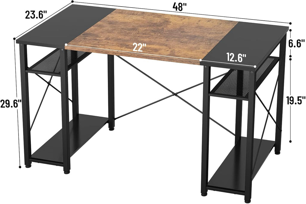 47.2 Inch Computer Desk, Large Office Desk with 4 Storage Shelves, 47.2'' Study Writing Table with CPU Stand, Sturdy PC Desk for Home Office, Bedroom, Gaming Room, Rustic and Black