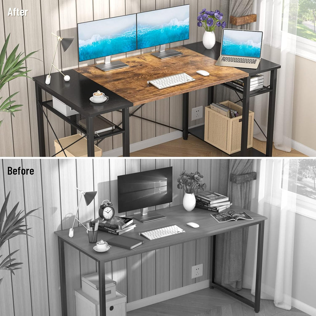 47.2 Inch Computer Desk, Large Office Desk with 4 Storage Shelves, 47.2'' Study Writing Table with CPU Stand, Sturdy PC Desk for Home Office, Bedroom, Gaming Room, Rustic and Black