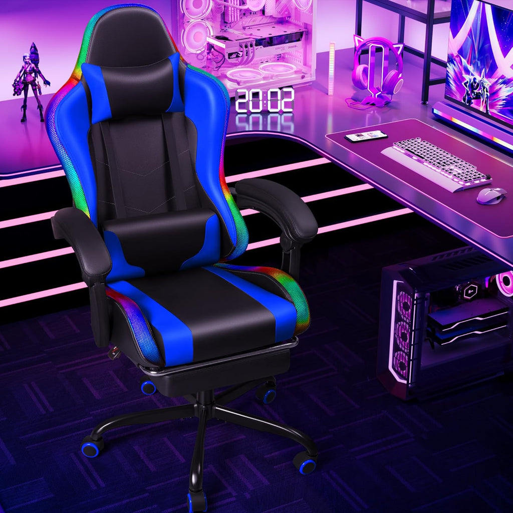 Gaming Chair with LED Lights, Footrest and Massage Lumbar Support, Ergonomic Computer Seat Height Adjustable with 360°Swivel and Headrest, Blue with RGB