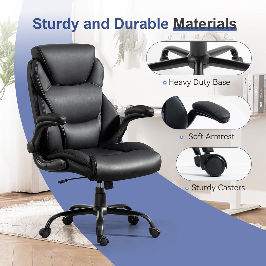 400LBS Big and Tall Office Chair, Leather Executive Desk Chair with Padded Flip-Up Arms, Heavy Duty Swivel Rolling Computer Chair for Home Office, Black