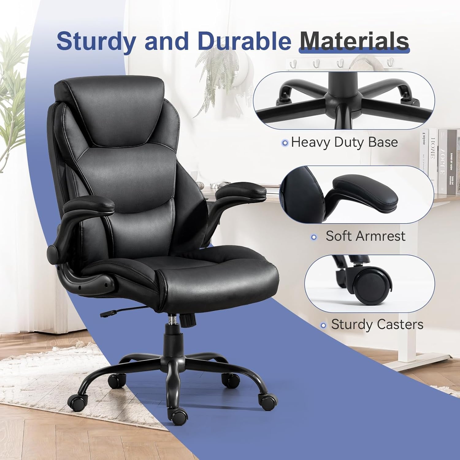 400LBS Big and Tall Office Chair, Leather Executive Desk Chair with Padded Flip-Up Arms, Heavy Duty Swivel Rolling Computer Chair for Home Office, Black