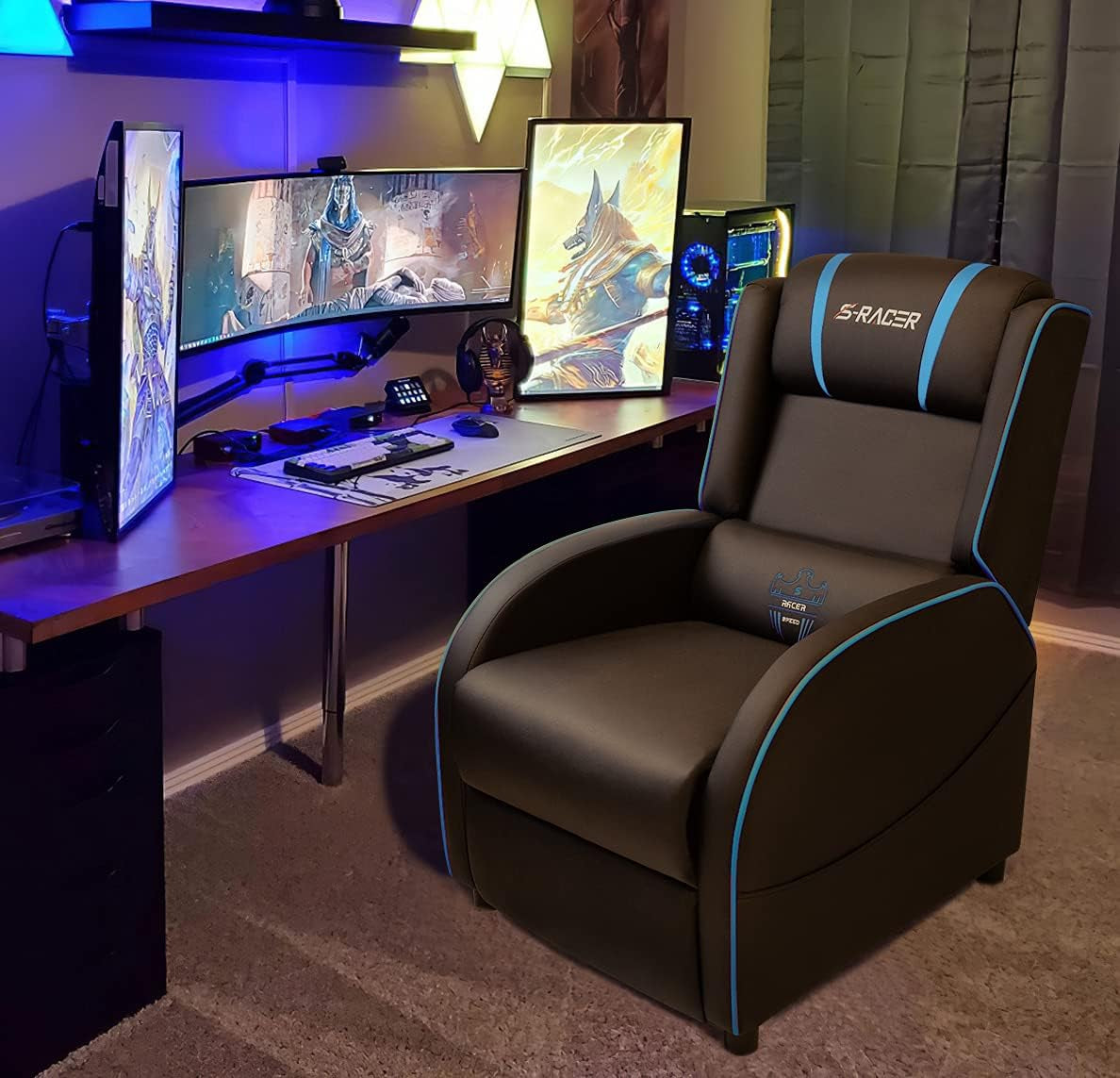 Massage Gaming Recliner Chair, Racing Style Gaming Sofa, PU Leather Home Theater Seating, Modern Living Room Recliners Ergonomic Comfortable Gamer Lounge (Blue)