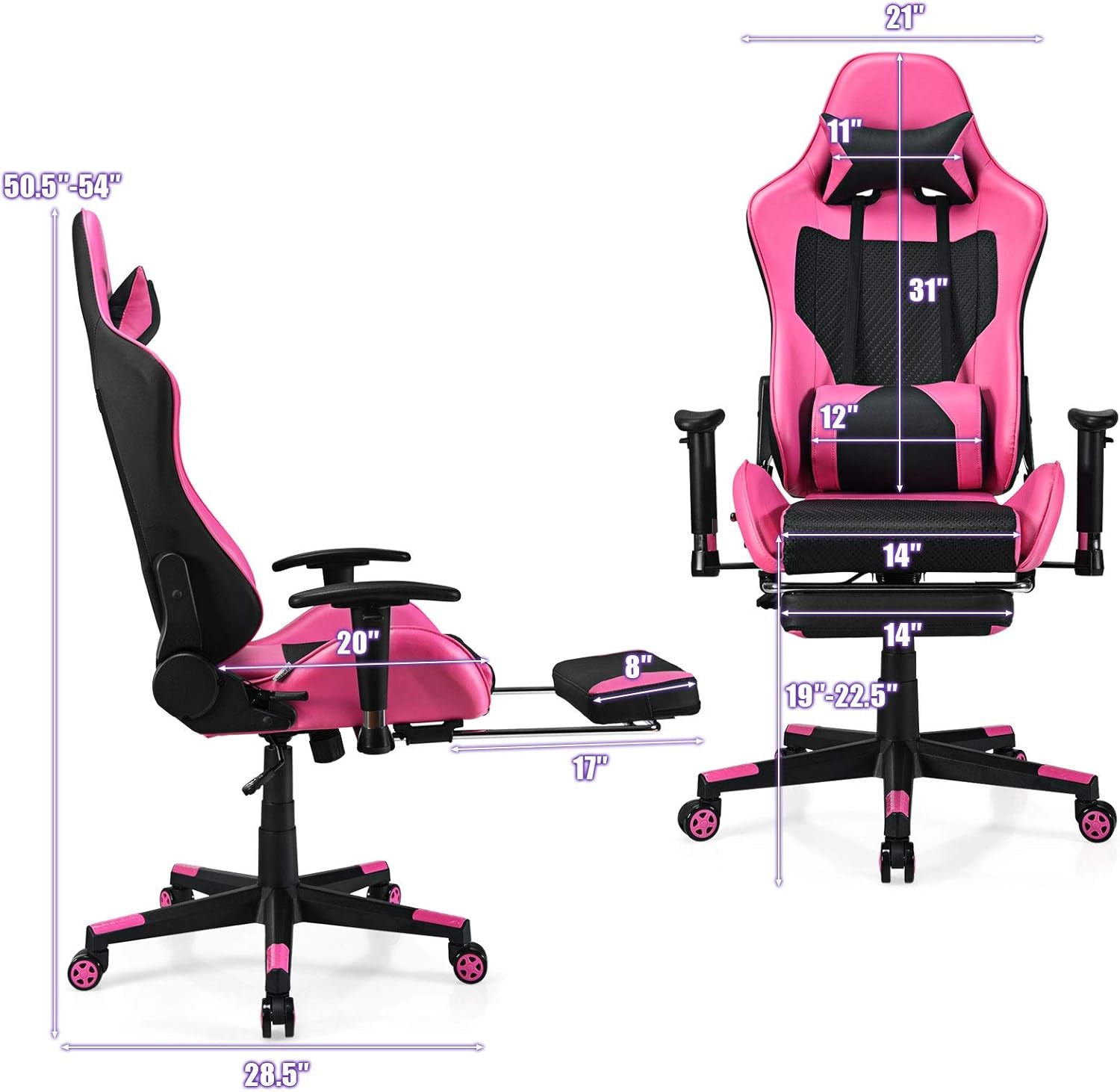 Gaming Chair - Pink Gamer Chair with Footrest Racing Esports Computer Chair Massage Lumbar Support Leather Recliner
