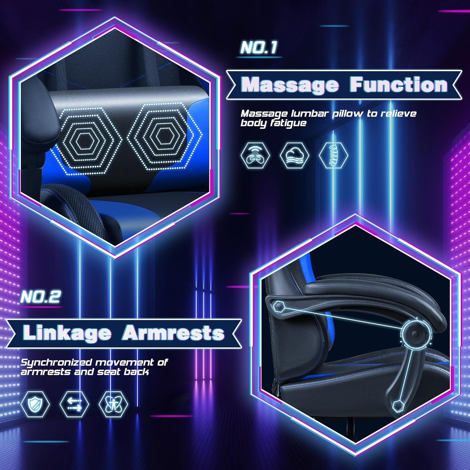 Gaming Chair with LED Lights, Footrest and Massage Lumbar Support, Ergonomic Computer Seat Height Adjustable with 360°Swivel and Headrest, Blue with RGB