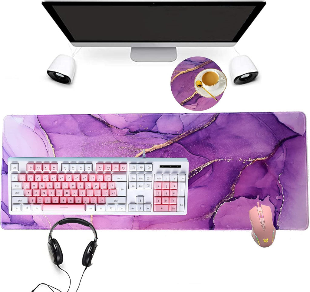 Large Gaming Mousepad and Coffe Coaster, XL Purple Marble Desk Mat Mouse Pad Large Non Slip Rubber Base Mouse Pad with Sewn Edge, Waterproof Keyboard Mousepad, Office Desk Mat, Suitable for Work,