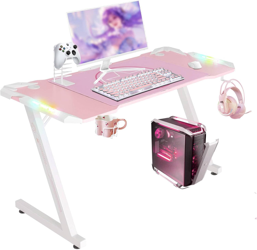 53 Inch Pink Gaming Desk, Gaming Computer Desk with RGB LED Light, Large Z Shape Racing Table with Split Joint Desktop Mouse Pad Headphone Hook & Cup Holder for Home Office Bedroom