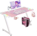 53 Inch Pink Gaming Desk, Gaming Computer Desk with RGB LED Light, Large Z Shape Racing Table with Split Joint Desktop Mouse Pad Headphone Hook & Cup Holder for Home Office Bedroom