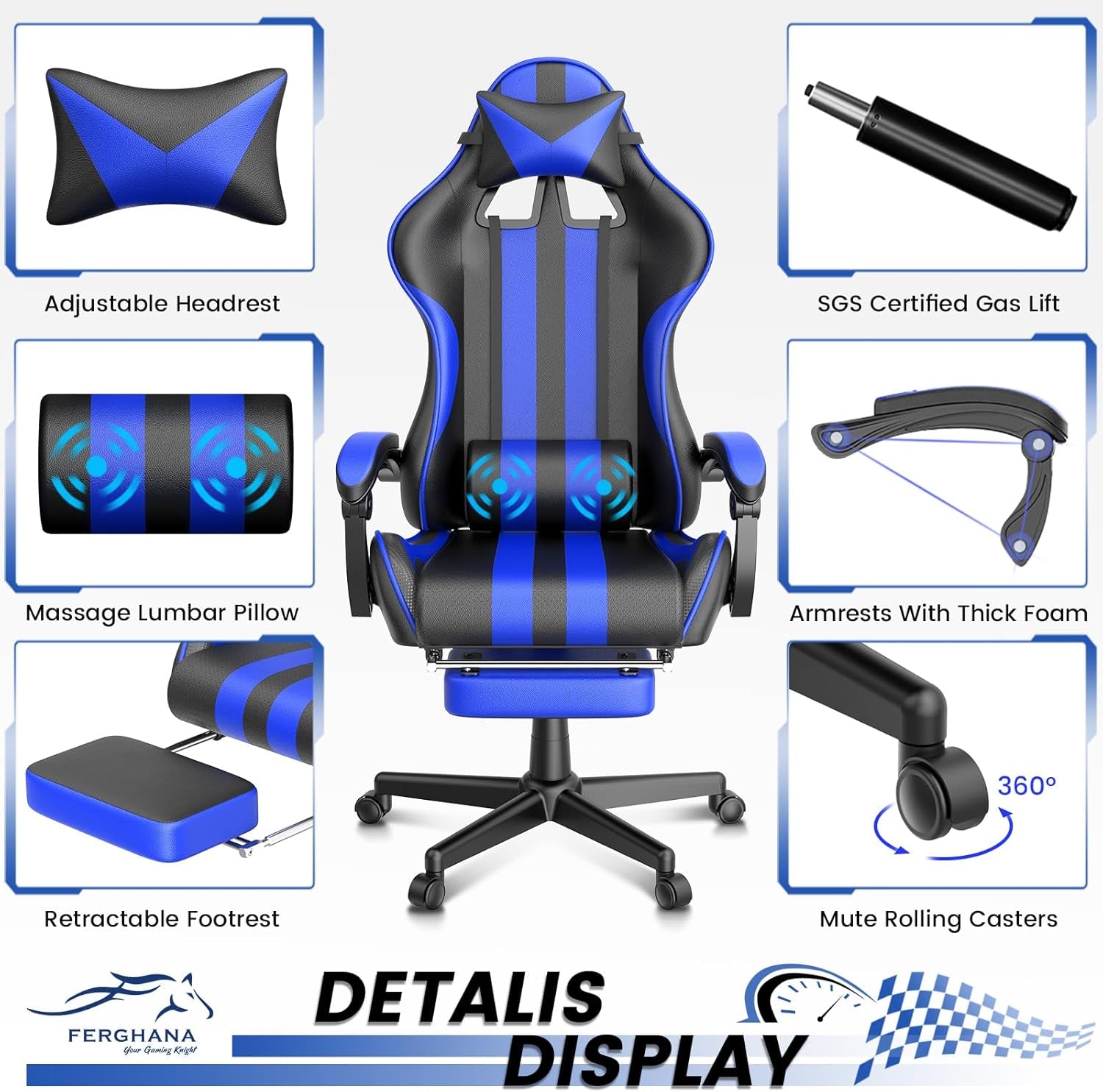Blue Gaming Chairs with Footrest, PC Gaming Chairs for Adults Teens, Racing Style, Luxurious Comfort, Waterproof PU Leather