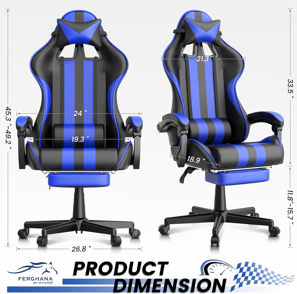 Blue Gaming Chairs with Footrest, PC Gaming Chairs for Adults Teens, Racing Style, Luxurious Comfort, Waterproof PU Leather