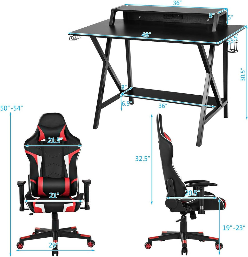 Gaming Desk and Chair Set, Ergonomic E-Sport Gamer Desk & Racing Chair Set W/Cup Holder, Monitor Stand, Earphone Hook, Massage & Headrest, Home Office Computer Desk Chair Set (Red)