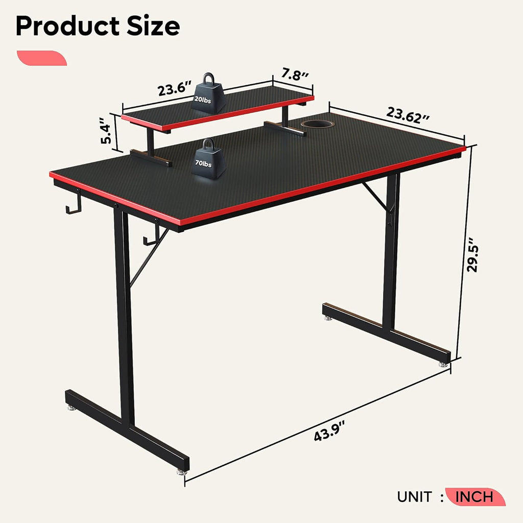 Gaming Desk with LED Lights 44" Small Computer Desk for Home Office Table with Cup Holder and 2 Headphone Hooks, Black