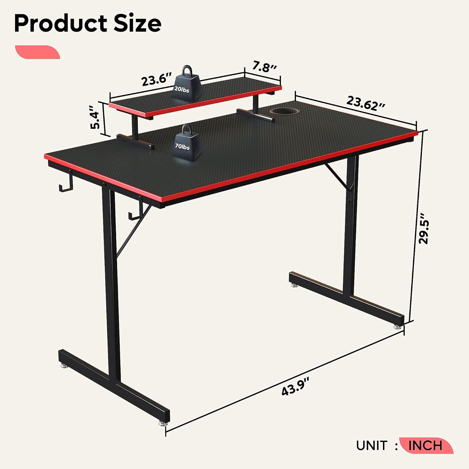 Gaming Desk with LED Lights 44" Small Computer Desk for Home Office Table with Cup Holder and 2 Headphone Hooks, Black