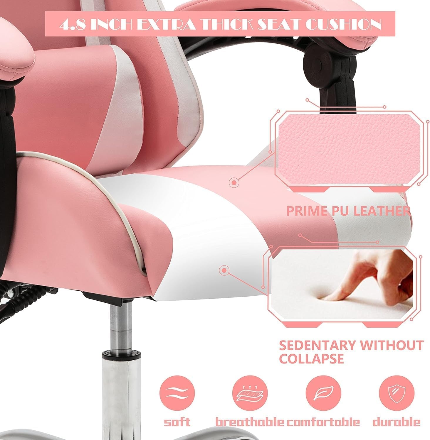 Gaming Chair with Massager, Fabric Gaming Chairs for Adults, Ergonomic Gamer Chair with Adjustable Headrest and Lumbar Support, Reclining Computer Game Chair, High Back, Pink White