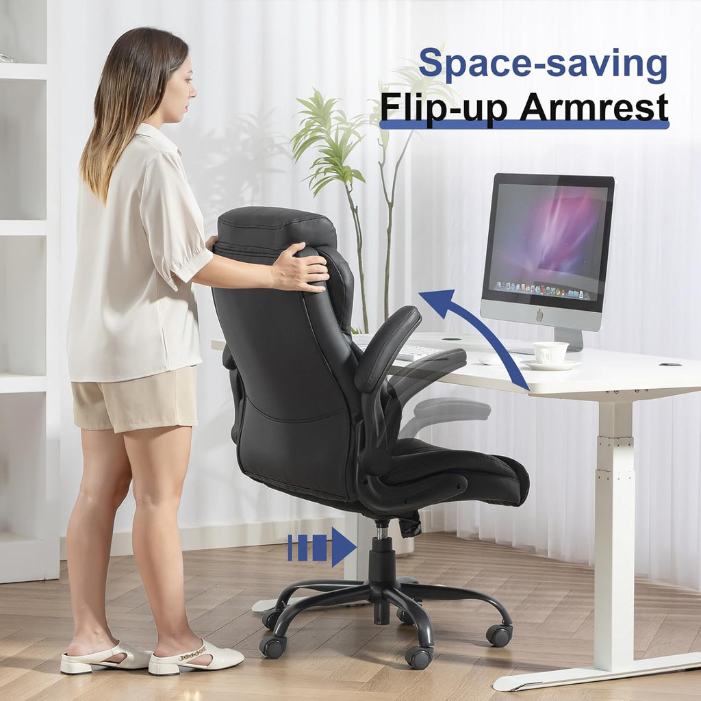 400LBS Big and Tall Office Chair, Leather Executive Desk Chair with Padded Flip-Up Arms, Heavy Duty Swivel Rolling Computer Chair for Home Office, Black