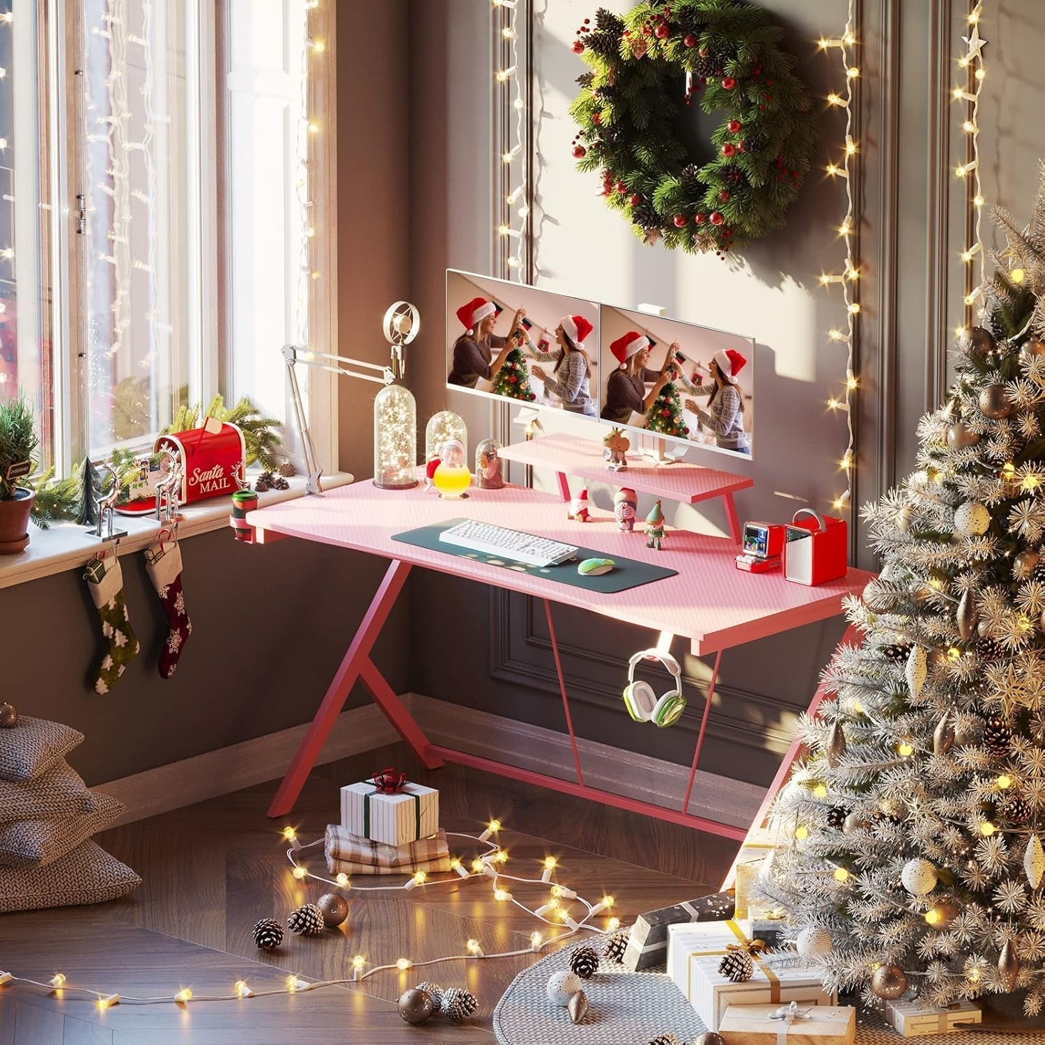 Gaming Desk 60" with Monitor Shelf Gaming Table Desk for Girls Home Computer Desk with Cup Holder and Headphone Hook Gamer Workstation Game Table, Pink