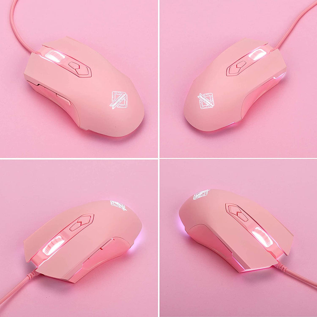 AJ52 RGB Wired Gaming Mouse, 7 Programmable Buttons, Computer Mice with RGB Lighting, 200-4800 DPI Adjustable, for Pc/Laptop (Pink)