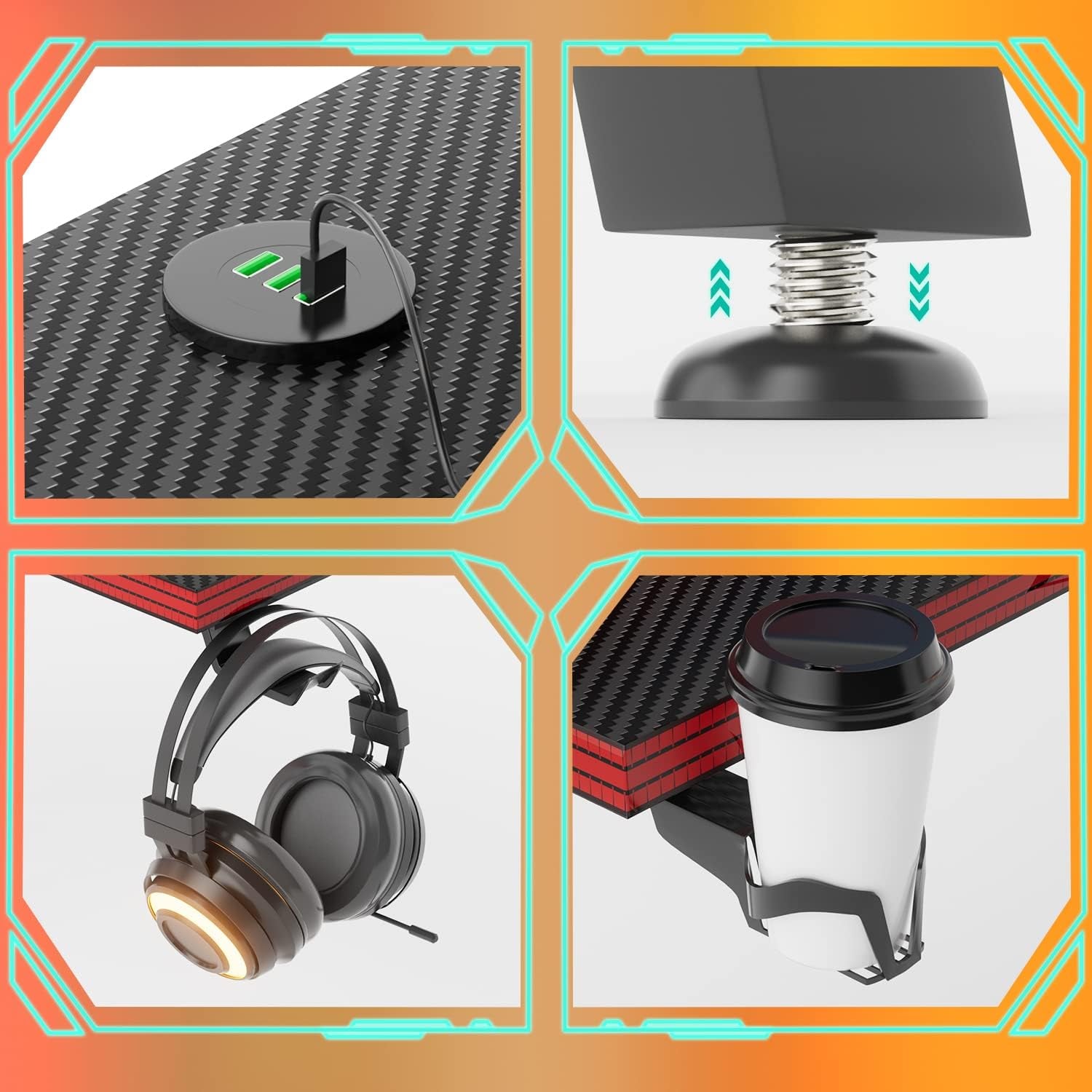 L Shaped Gaming Desk 51 Inch Computer Table, Carbon Fiber Surface Desktop, Monitor Stand with LED Strip, Cup Holder & Headphone Hook, 50.5 Inch, Black