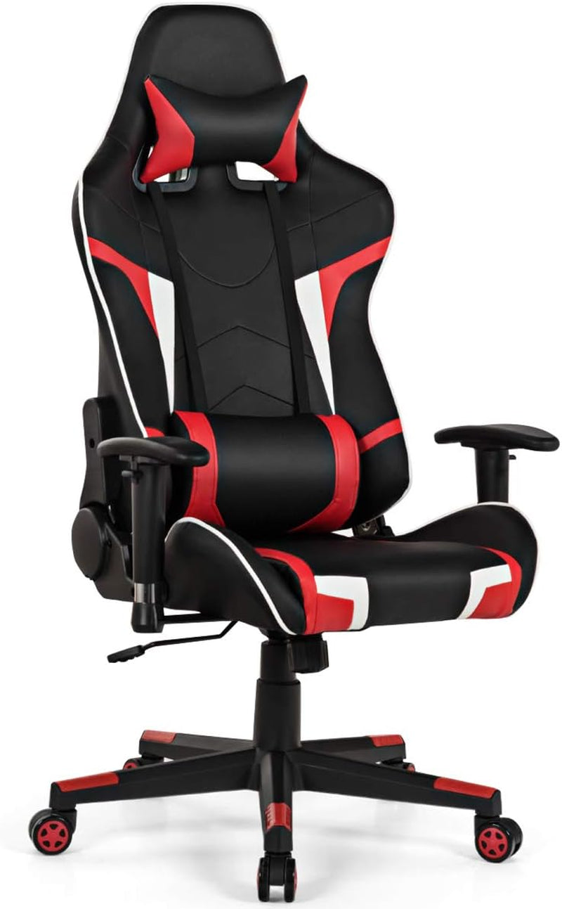 Gaming Desk and Chair Set, Ergonomic E-Sport Gamer Desk & Racing Chair Set W/Cup Holder, Monitor Stand, Earphone Hook, Massage & Headrest, Home Office Computer Desk Chair Set (Red)