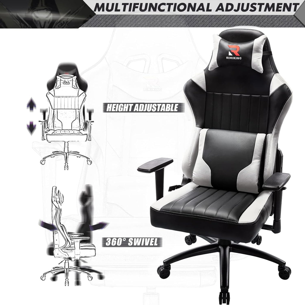 Massage Gaming Chair Big and Tall 350Lbs Ergonomic Wide Seat Video Game Chair High Back PC Computer Office Chair E-Sport Racing Style Rolling Chair Heavy Duty Headrest and Lumbar Support-White